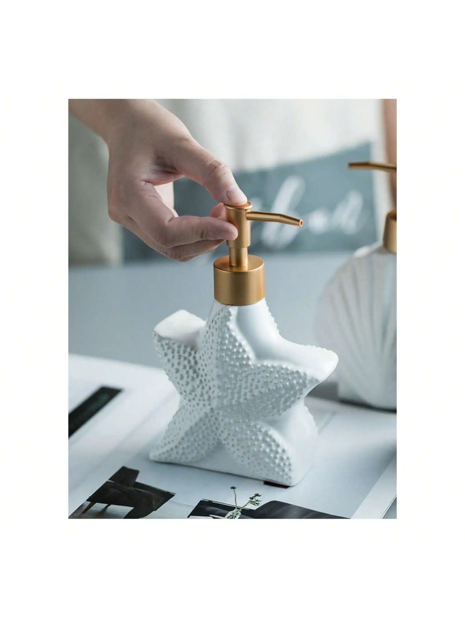 Elegant Coastal-Chic Ceramic Lotion Dispenser set Starfish Shell Design With Golden Matte Pump for Your Kitchen Decor