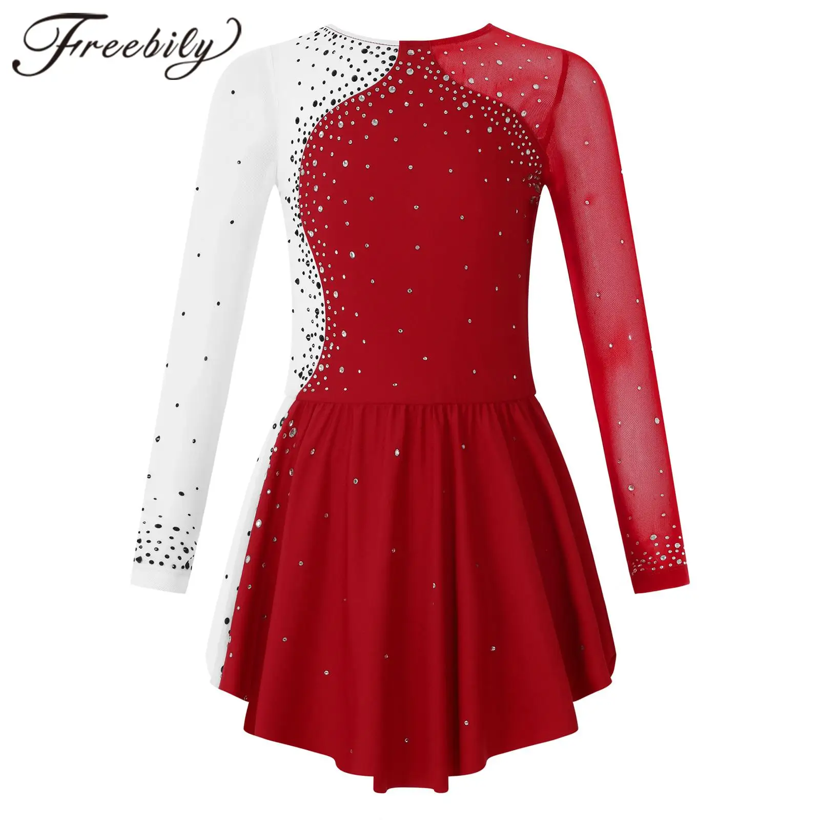 

Elegant Girls' Figure Skating Dress Kids Long Sleeve Shiny Rhinestone Ballet Gymnastics Dance Leotard Dress Ice Skating Costume