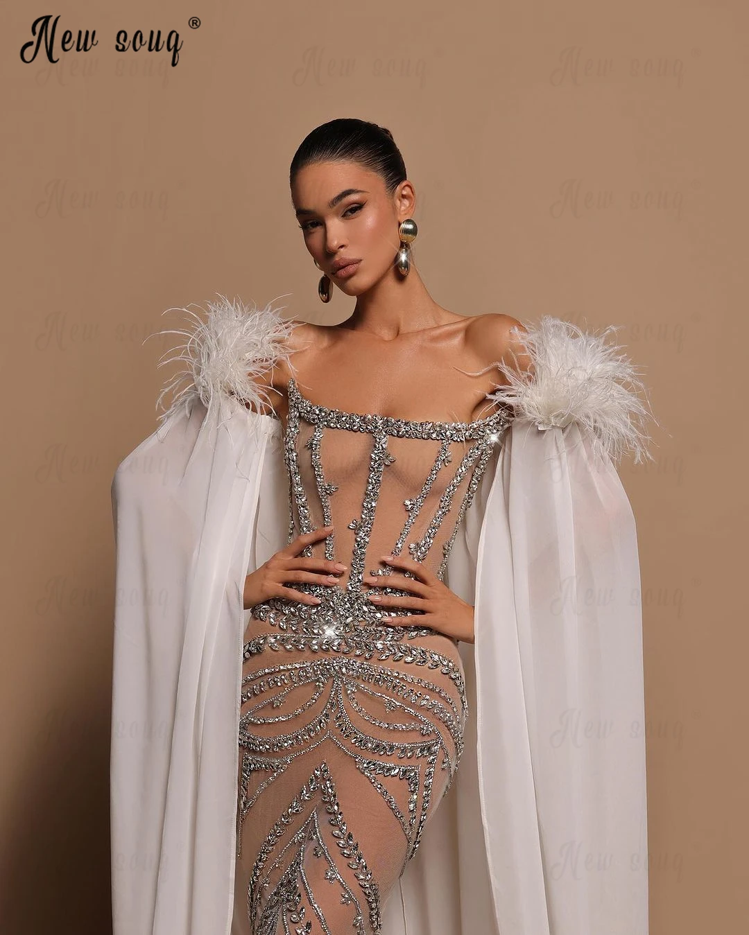 Feather Detachable Long Cape Sleeve Evening Dress Heavy Beaded Muslim Formal Celebrity Dresses Luxury Prom Party Gowns 2024
