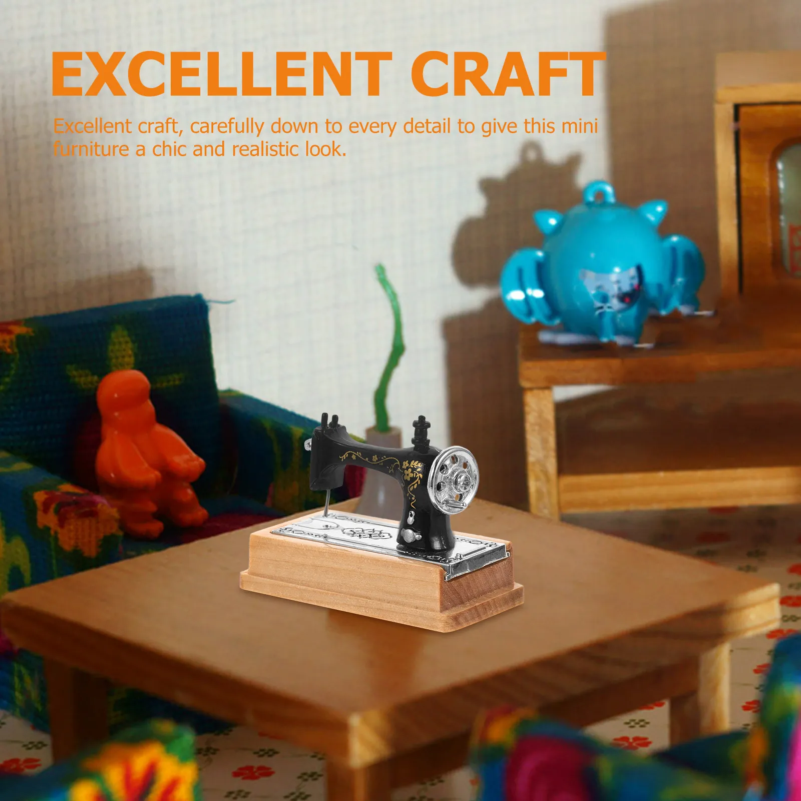 

Mini Sewing Machine Decoration Vintage Wood Plastic Craft Stable Mini House Furnishing Realistic Miniature Sewing Machine
