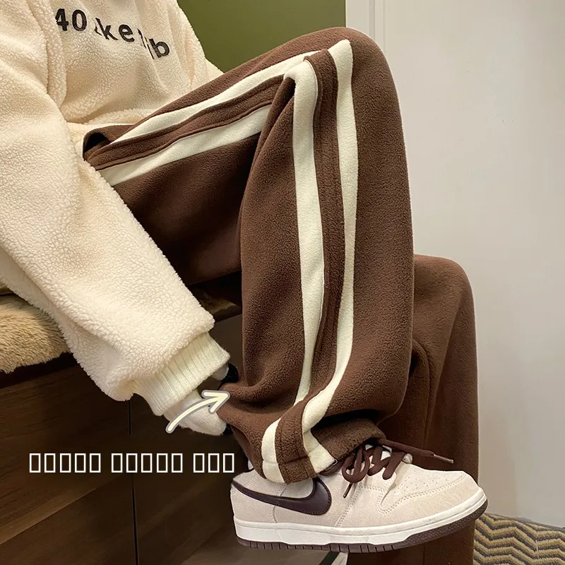 

Мужские повседневные брюки прямого кроя, зимние утепленные спортивные брюки с флисовой подкладкой, американские ретро-спортивные брюки в полоску, свободные длинные брюки