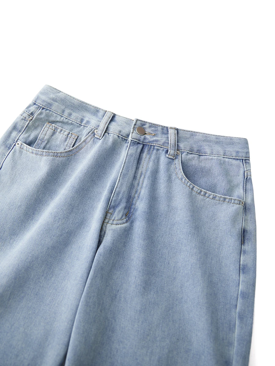 Calças largas femininas primavera verão cintura baixa solta perna reta calças jeans com bolsos