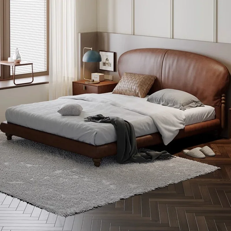 Retro leather, Italian light luxury, shell bed, minimalist storage double bed