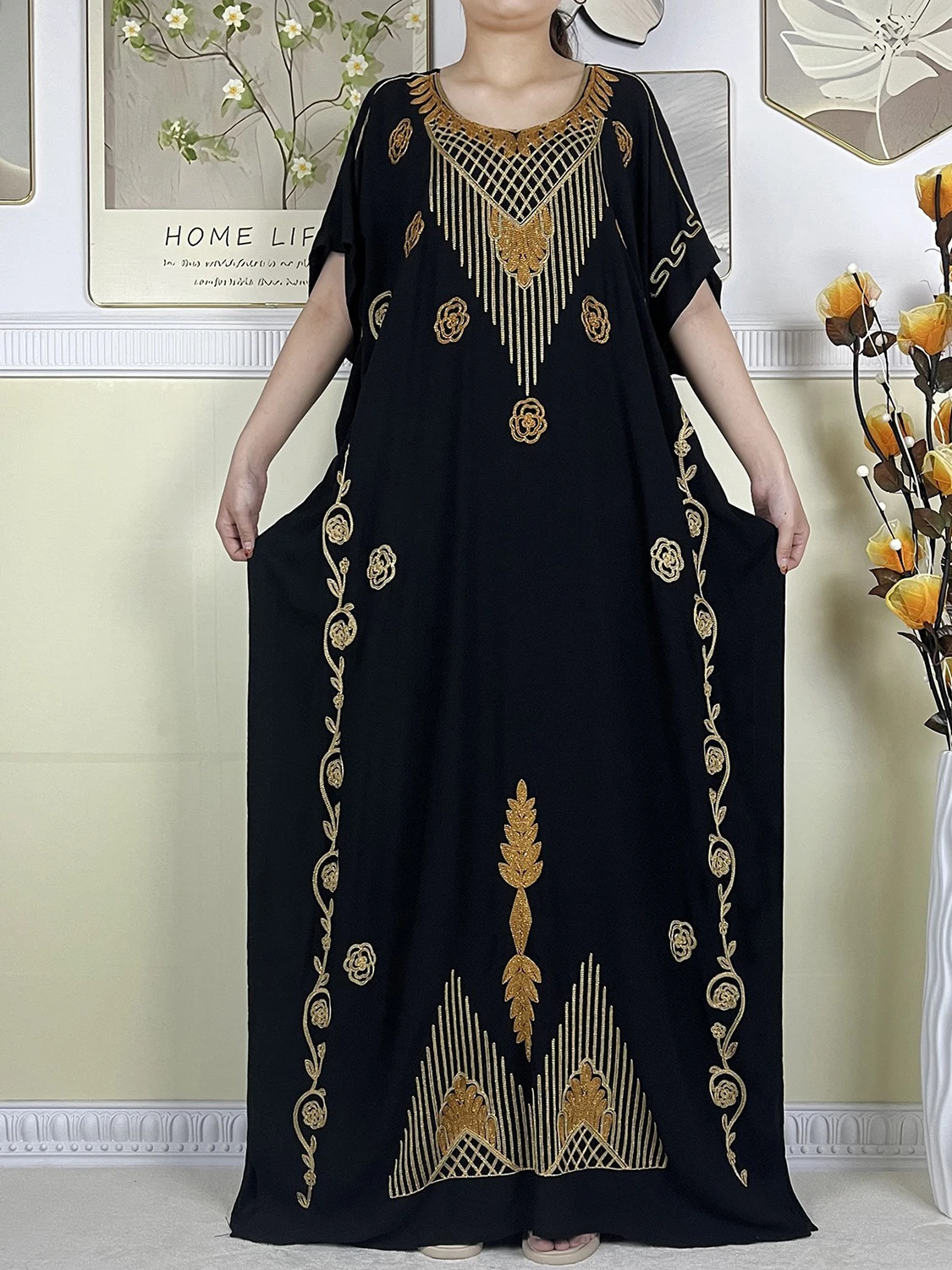 New Muslim Sets For Women Short Sleeve Dress Cotton Fashion Embroider Loose Lady Robe African Islam Clothing With Hijabs Turban