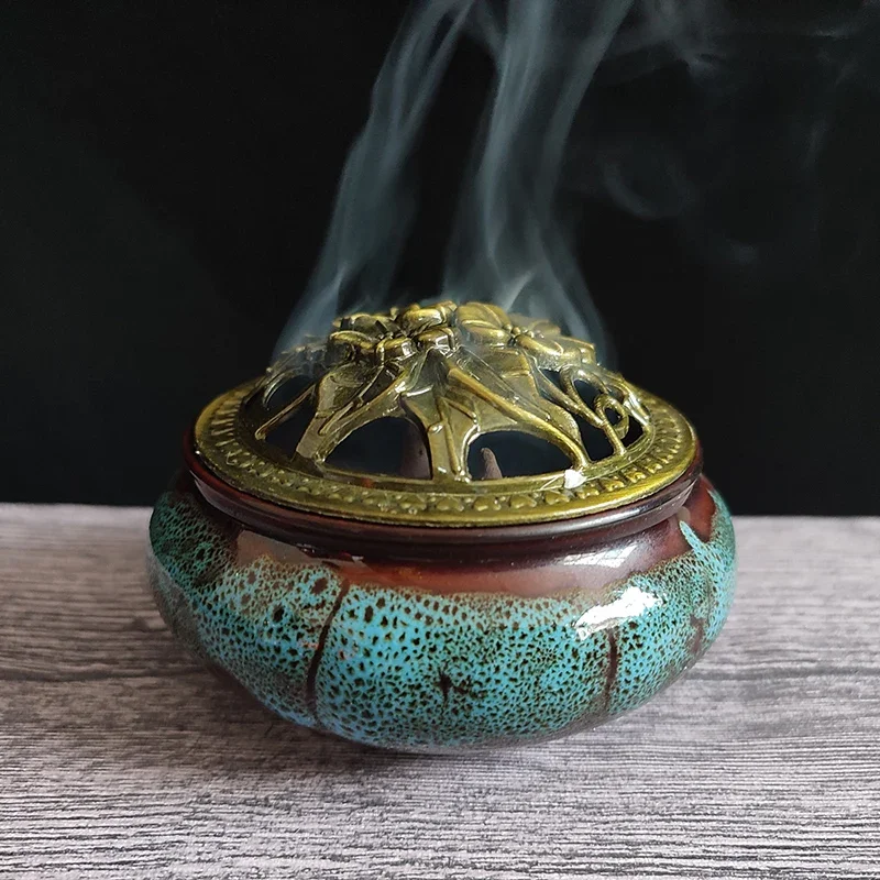 Kiln Discoloration Ceramics 4 Hours Coil Incense Burner Blue Zen Home Decor Ornaments Ashtray Cone Censer with Metal Cover