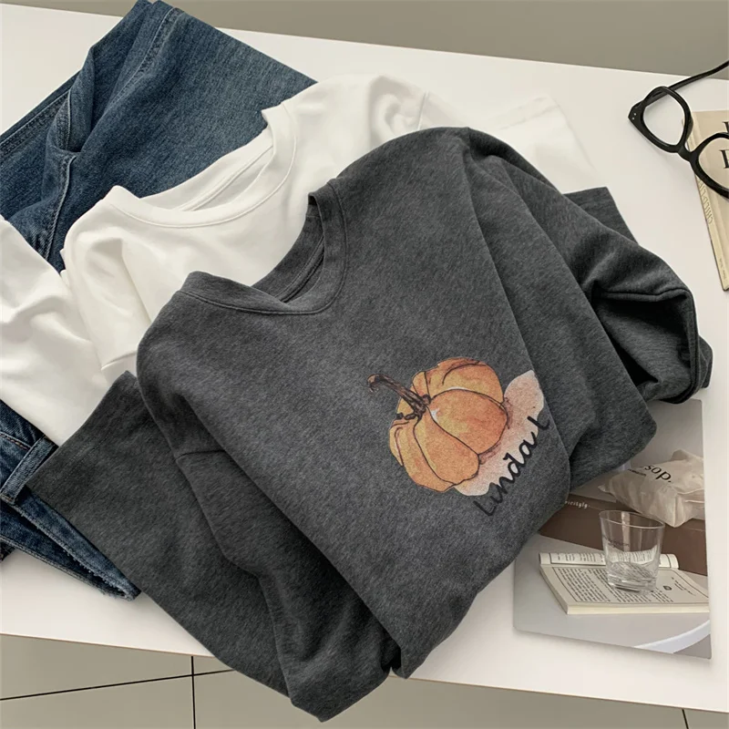 

Women Spring Autumn T Shirt Washed Brushed Napper Print Round Neck Long Sleeve Loose Casual Slim Fit Base Shirt All Match