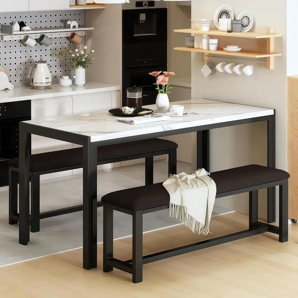 

Обеденный набор на 4 персоны с кожаными скамьями и столом под мрамор для небольших помещений