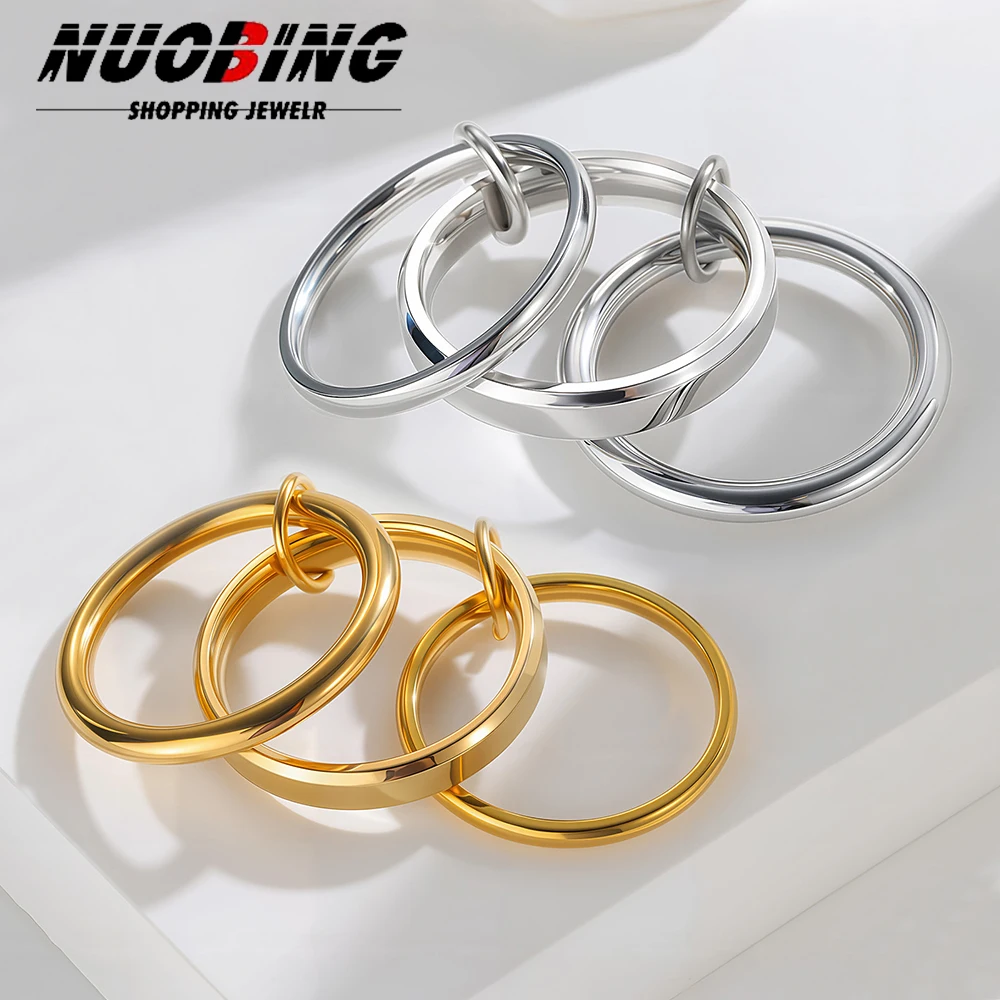 

Unique Cool Three Fingers Chain Hiphop Rings Stainless Steel 18k Gold Stacking Women Men Fashion Daily Versatile Jewelry