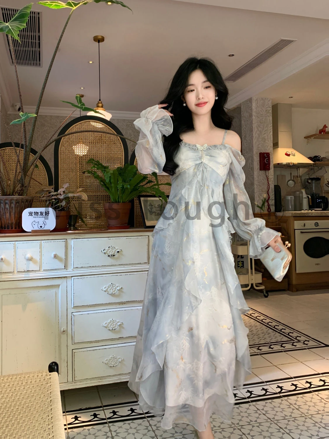 Autumn Blue Bow Fairy Midi Dress Women Print French Vintage Strap Dress Female Fishtail Fork Korea Elegant Princess Dress 2024