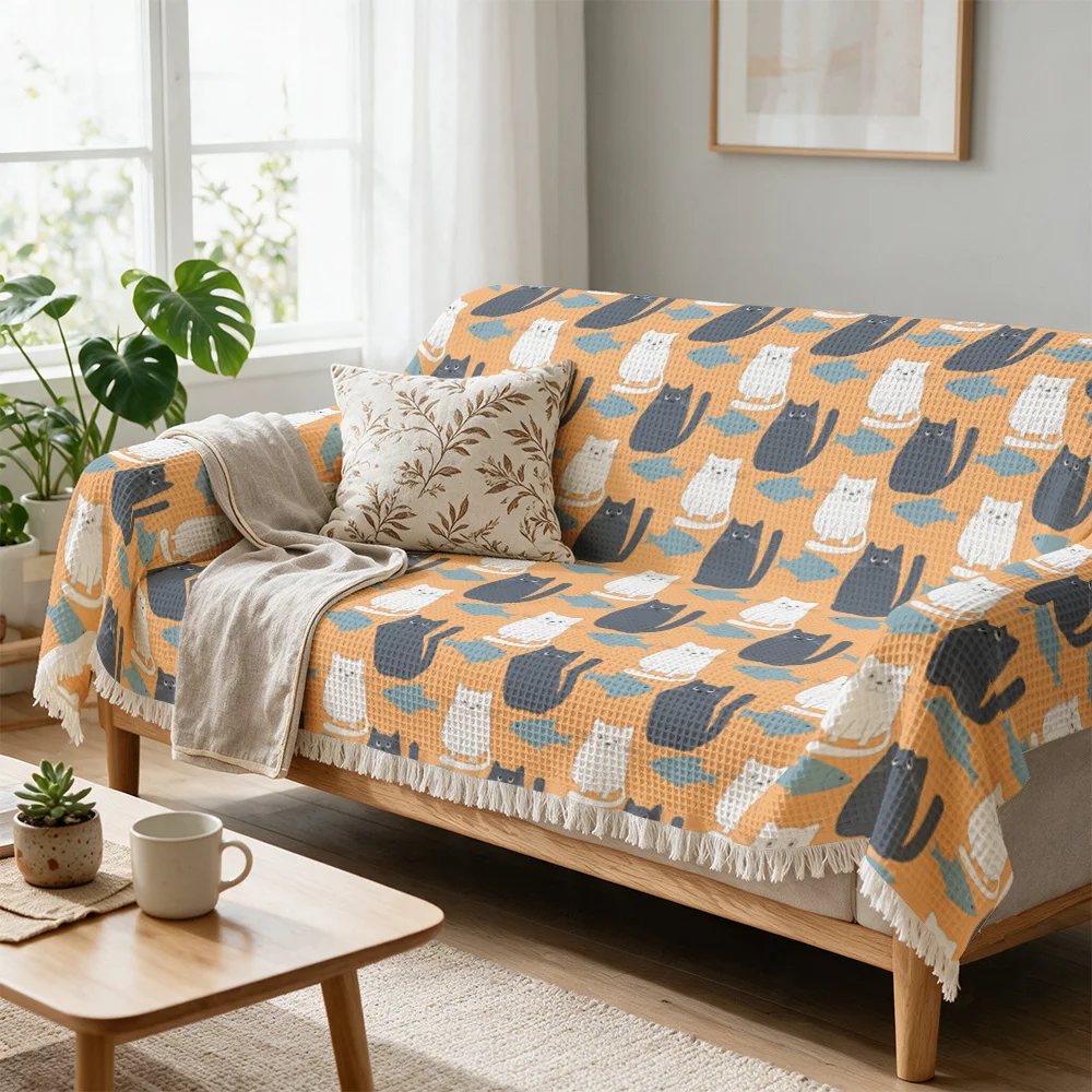 Cozy Cat Print Throw Blanket for Sofa Couch Accent Yellow Blue Decorative Throw Knit for Living Room Autumn Home Decor Pet Lover