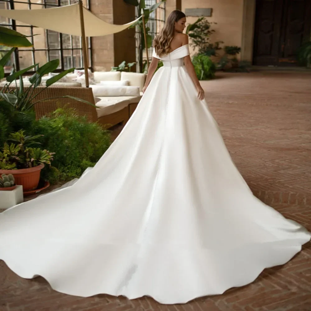 Flavinke-Vestido De novia con cuello De barco, traje De baile con hombros descubiertos, cremallera trasera, satén, boda