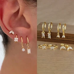 2PCS New Design Crystal Zircon Stainless Steel Hoop Earring Set For Women 18K Gold Plated Square Earring Piercing Jewelry aretes