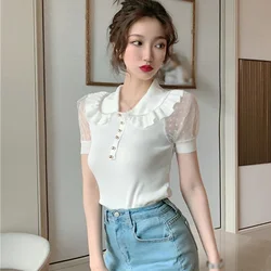 Summer Retro Turn Down Collar T-Shirt  Women Knitted Button Mesh Stitching Puff Sleeve Short Sleeve Tops