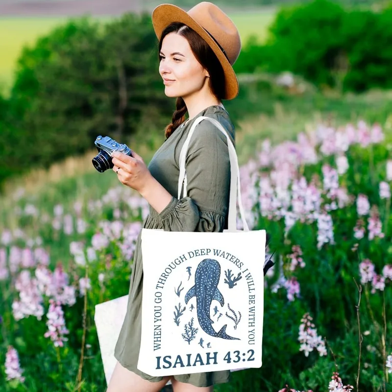Floral Beach Whale Shark Gifts Jellyfish Christian Canvas Tote Bag for Work Totes for Women Large Capacity Beach Travel Bag