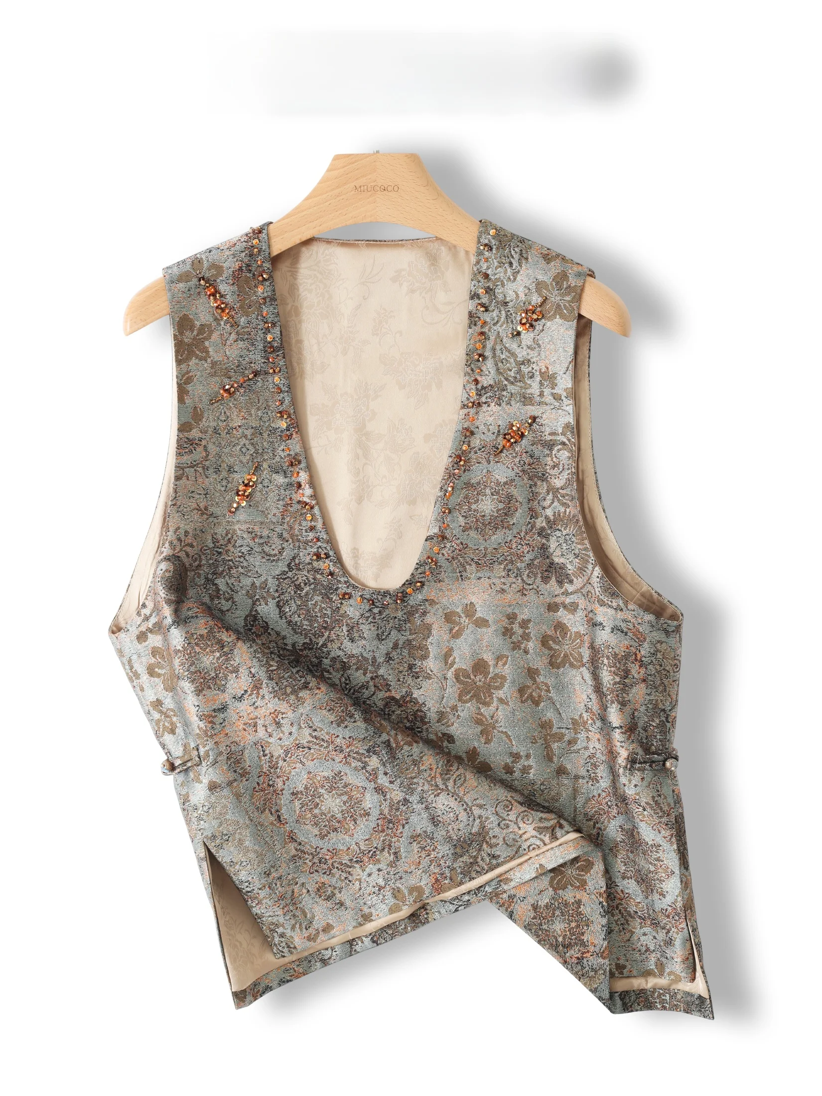 Handmade Beaded V-Neck Chinese Style Women's Jacket Floral Embroidery Trendy Crop Top Outerwear Casual Loose Fit