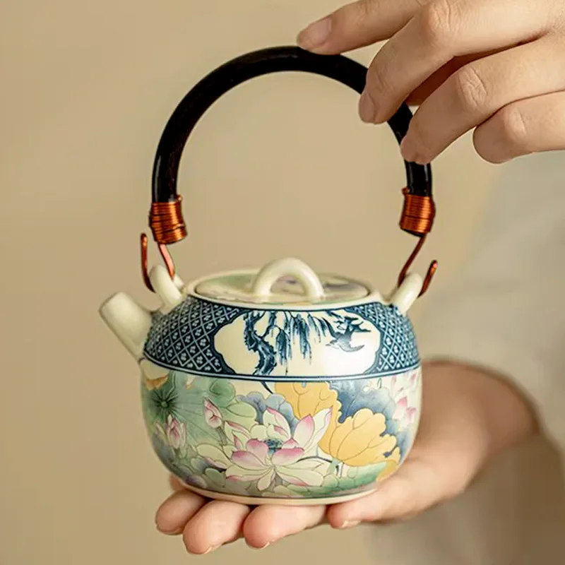 Chinese Ancient Style Lotus Charm Pastel Teapot Lifting Teapot Ceramic Tea Set Exquisite Teapot Kung Fu Tea Set Single Pot Gift