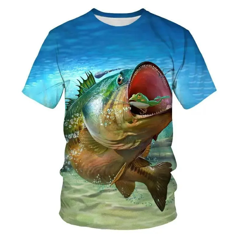 

2023 Summer Men 3d Printed Ocean Fish Pattern Fashion Sport O Collar Short Sleeve T-Shirt Fun Funny Baggy Plus Size Casual Top