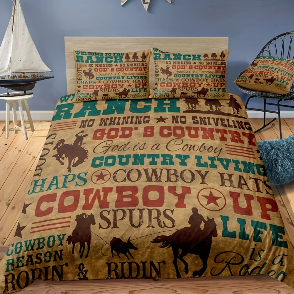 Rustic Western Cowboy Knight Printed Bedding Set Soft Comfortable Duvet Cover For Bedroom Guest Room 1*Duvet Cover+2*Pillowcases