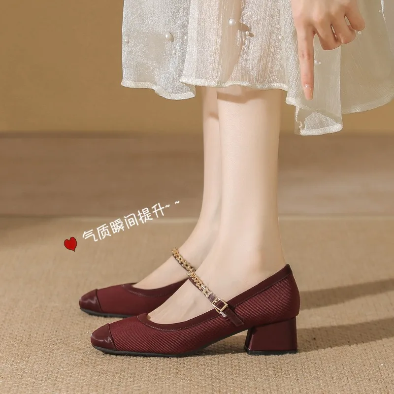 Shallow Mouthed Shoes Women Square Toe Thick Heel French Style Single Shoe Women Buckle Mary Jane Women Shoes Women Pumps 41-175