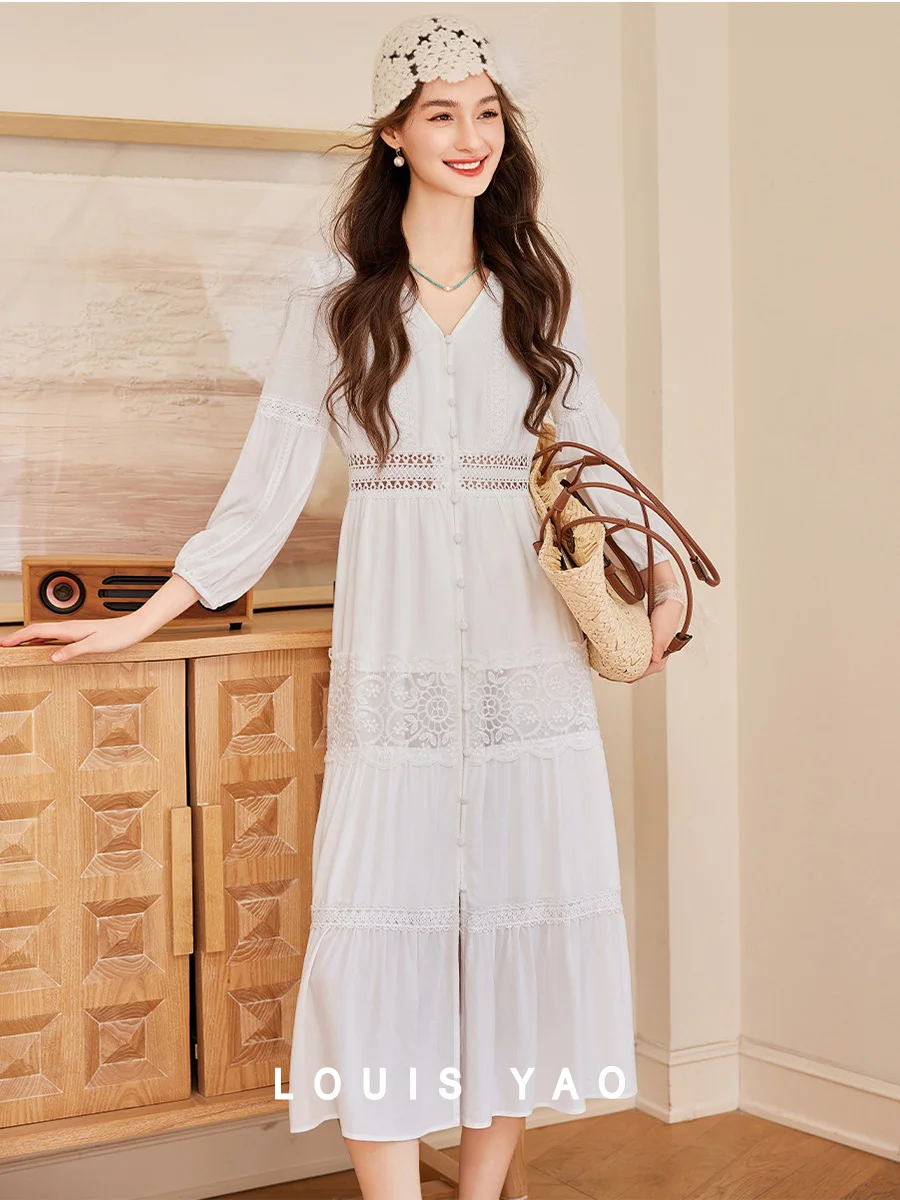 

LOUIS YAO V-neck Long sleeved Long Dress 2025 Spring Summer New Non Elastic Hollow Lace Splicing V-neck Women's Dress