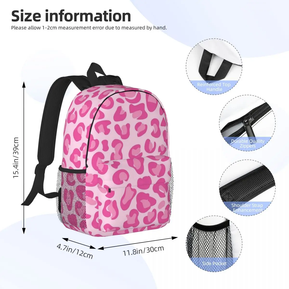 Pink Leopard Print Backpack Student Boys Girls BookBag Men Women School Bag Computer Shoulder Bags