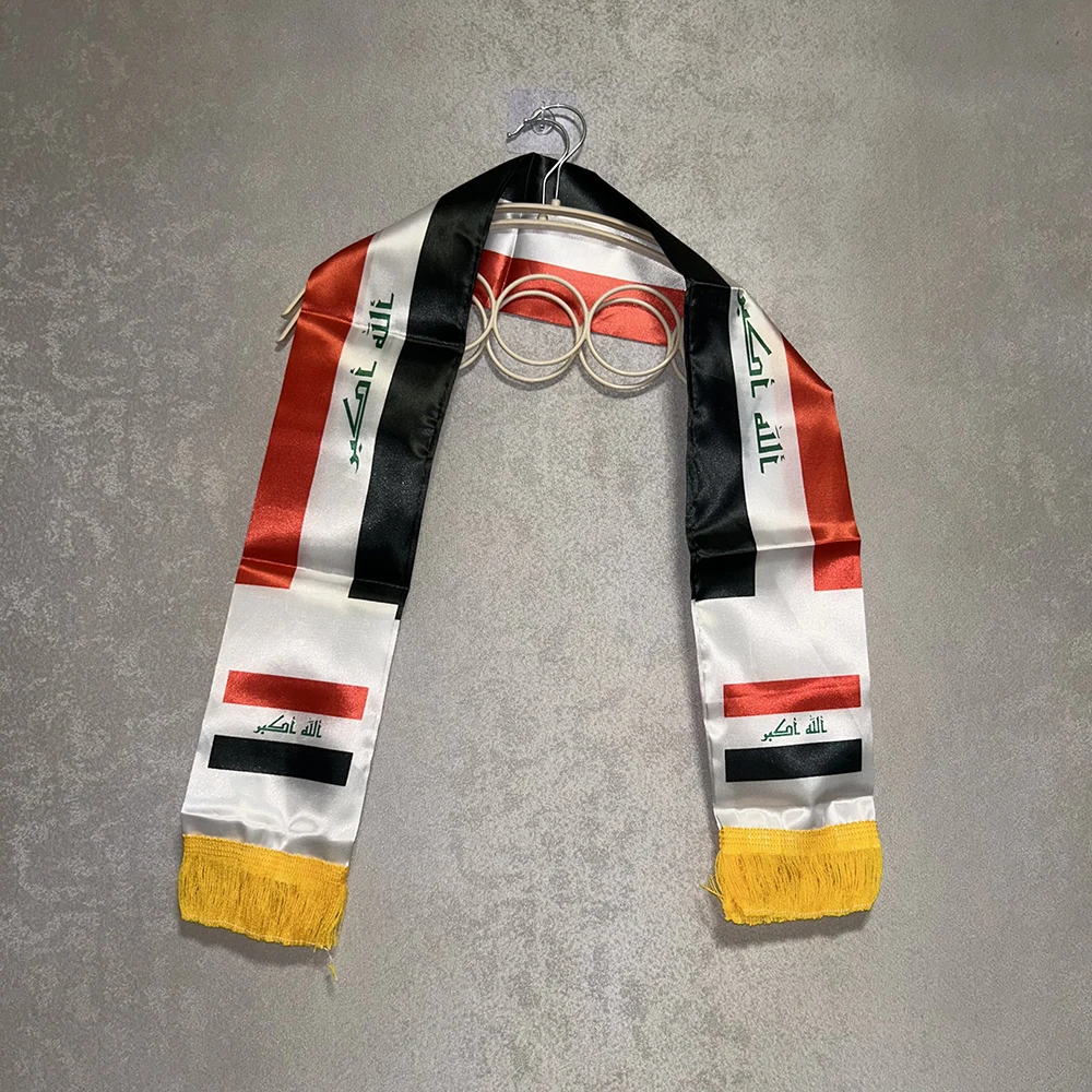(SKY FLAG)Iraq Scarf 14x135cm Double-sided printed Satin Iraq Flag Scarf Tassels Suitable for 2026 Football cup, Sports, Events
