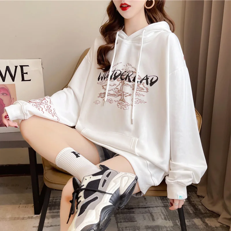 #4701 Black White Harajuku Hoodies Women Loose Casual Vintage Hooded Sweatshirt Chinese Style Women Hoodies Cotton Spring Autumn