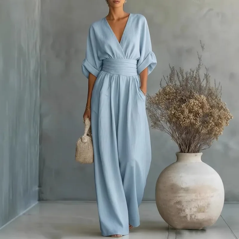 

2026 Spring and Summer Elegant Waist V-neck Temperament Women's Jumpsuit