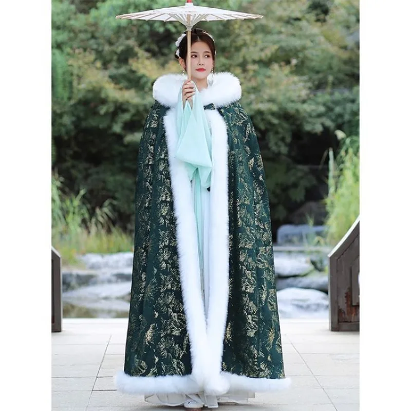 

Новая зимняя накидка Hanfu с меховым воротником, шалью и хлопковое теплое пальто. Модная удобная верхняя одежда для взрослых на выходе.