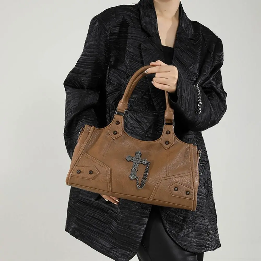 

PU Leather Gothic Cross Crossbody Bag Retro American Style Fashion Design Locomotive Style Underarm Bag Korean Style Solid Color