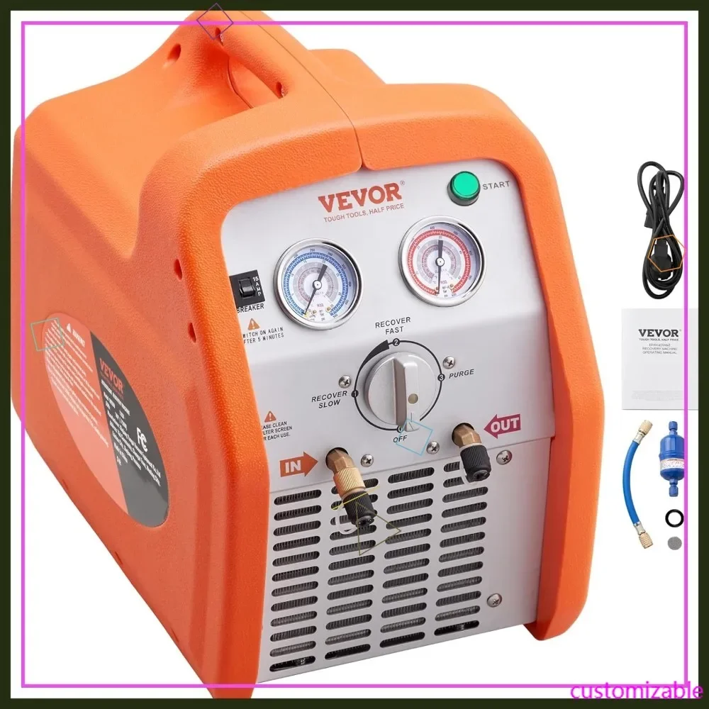 Dual Cylinder Portable AC Refrigerant Recovery Machine with High Pressure Protection, 1 HP, 120V