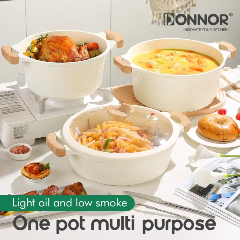 15-Piece Modern Ceramic Non-Stick Sustainable Soup Pot Set Glass/Silicone Covers Die-Casting Aluminum Dishwasher Oven