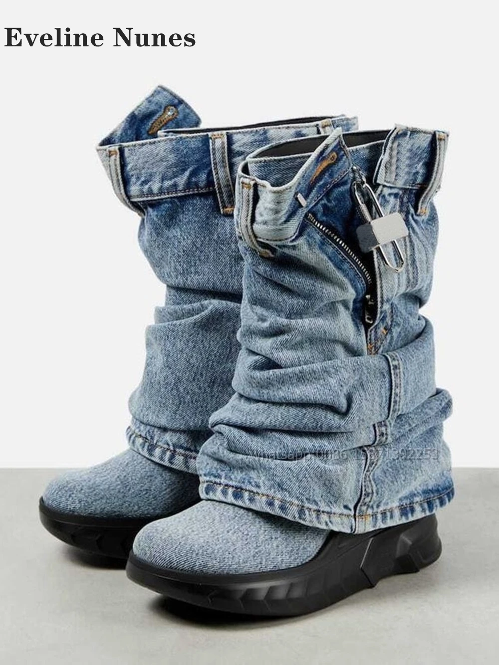 Metal Padlock Denim Ankle Boots Round Toe Wedges Pleated Turned-Over Edge Fashion Booties Large Size Spicy Girl Sexy Shoes 2024