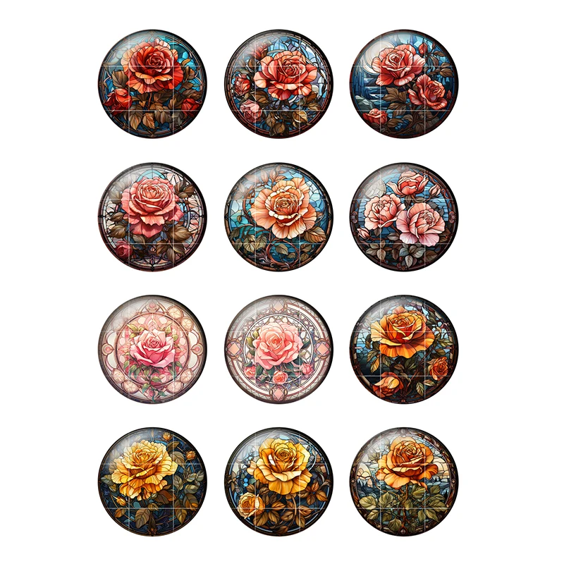 24pcs/lot Colored Rose Flower Art Patterns 8mm/12mm/20mm//25mm Round Photo Glass Cabochon Demo Flat Back Making Findings H305