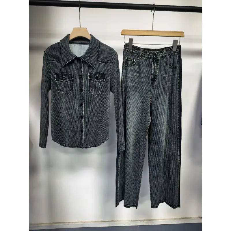 Miyake Pleated Pants Set Women 2026 Autumn New High-End Elegant Slim Fit High-Waisted Straight-Leg Denim Commuter Pants Women