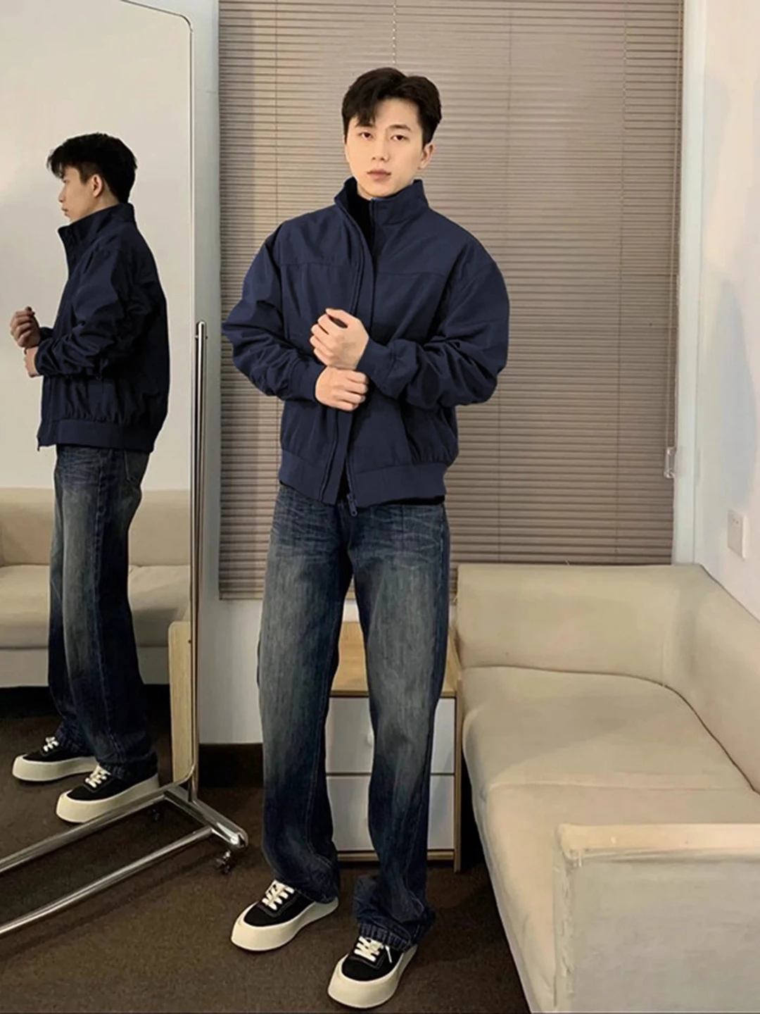 

Cobalt Blue Pilot Jaet Men's ort Soft ell ell Jaet Autumn Lightweight Maturi Sle Zipper Decoration Windproof