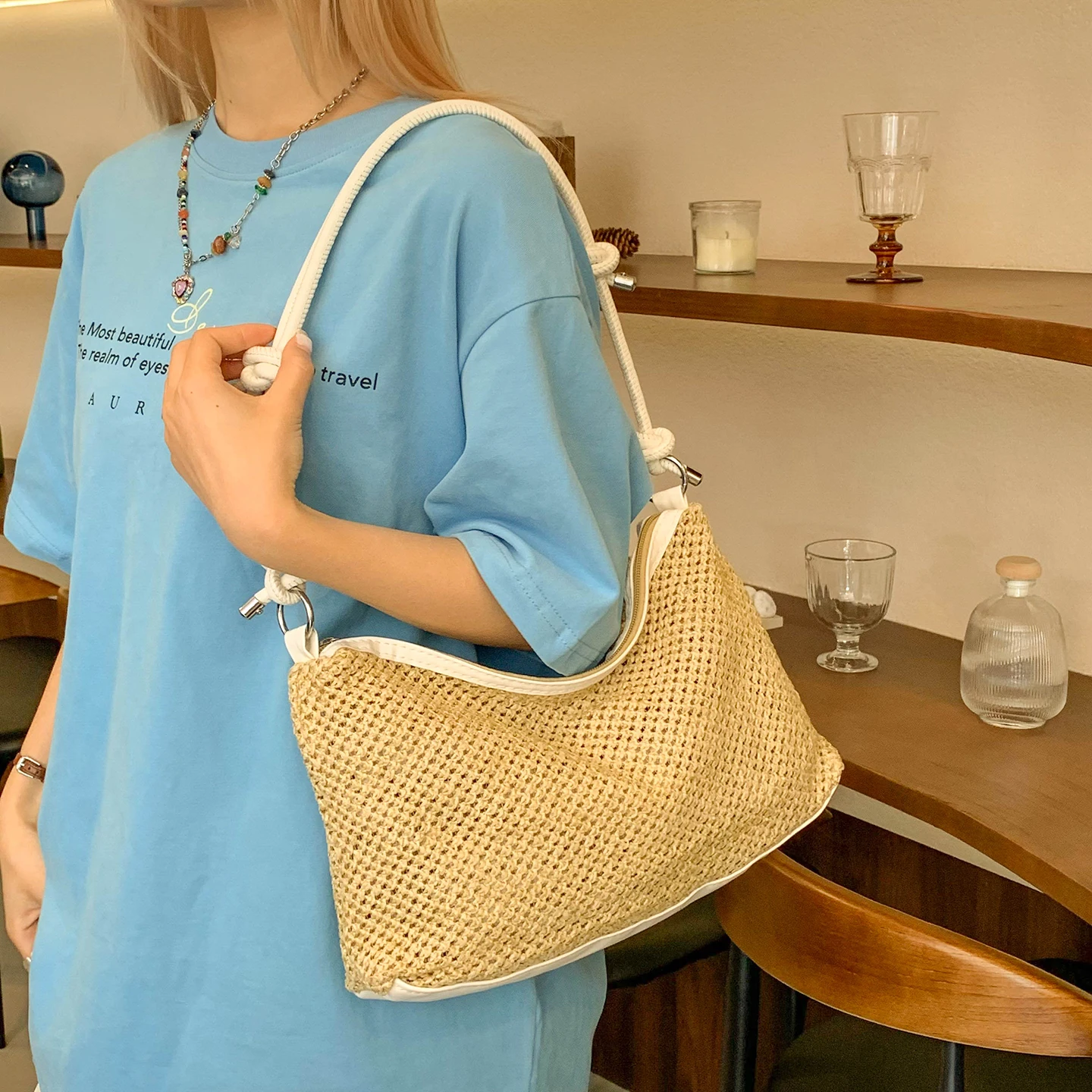 New Style Handmade Knitted Bags: Fashionable and Retro Straw Tote Bags, Versatile and Large-capacity Shoulder and Crossbody Bags