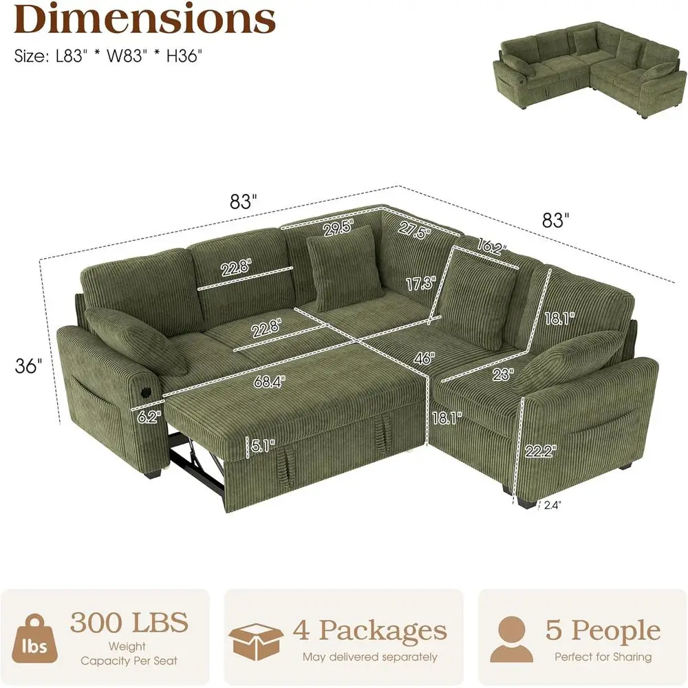 83-inch 5-ater Larctional Soa ed with Stora, Corduroy Reversile ular Sleeper Soa with USPort & 4 Pillows, Convertile L-Shaped Co