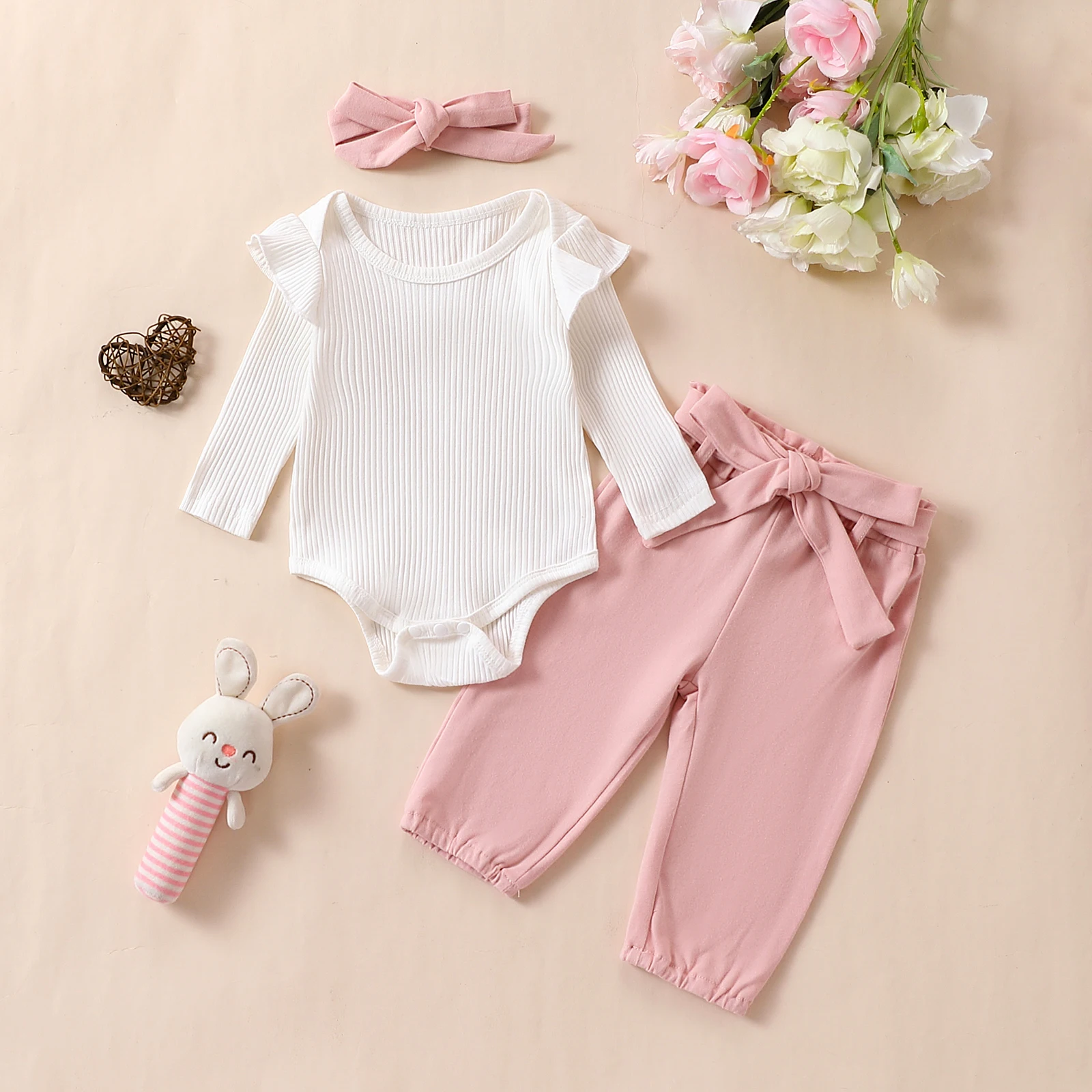 4PC Infant Girls Long Sleeve Leisure Pants Set Lady Lovely 4 Pieces Suitable For 0-2 Years Old Babies