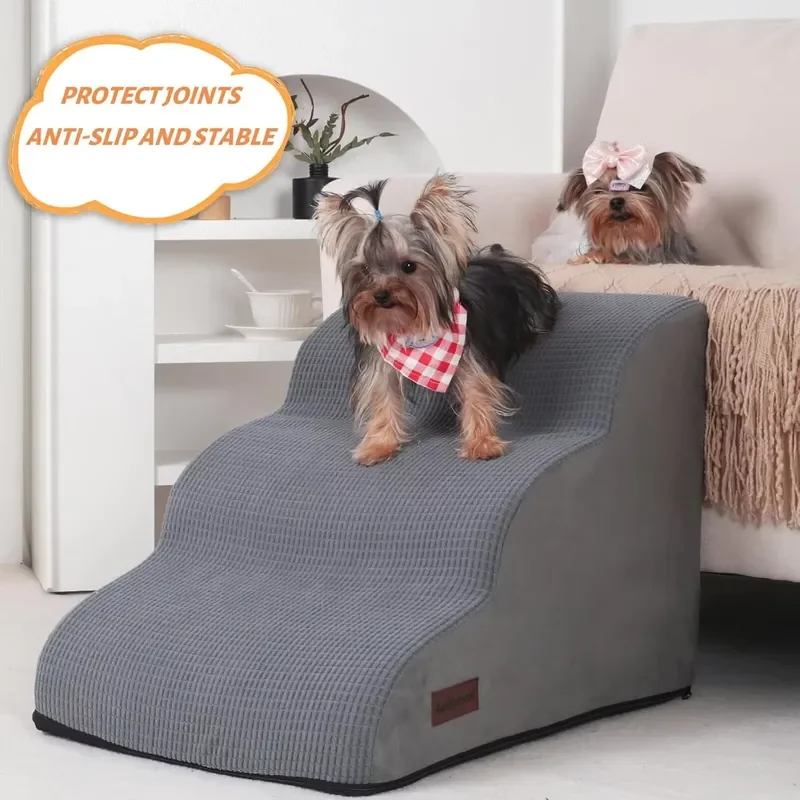 Pet Ramp Dog Stairs 3 Step Foam Pet Steps For Bed Couch Senior Small Dog Cat Grey Non Slip