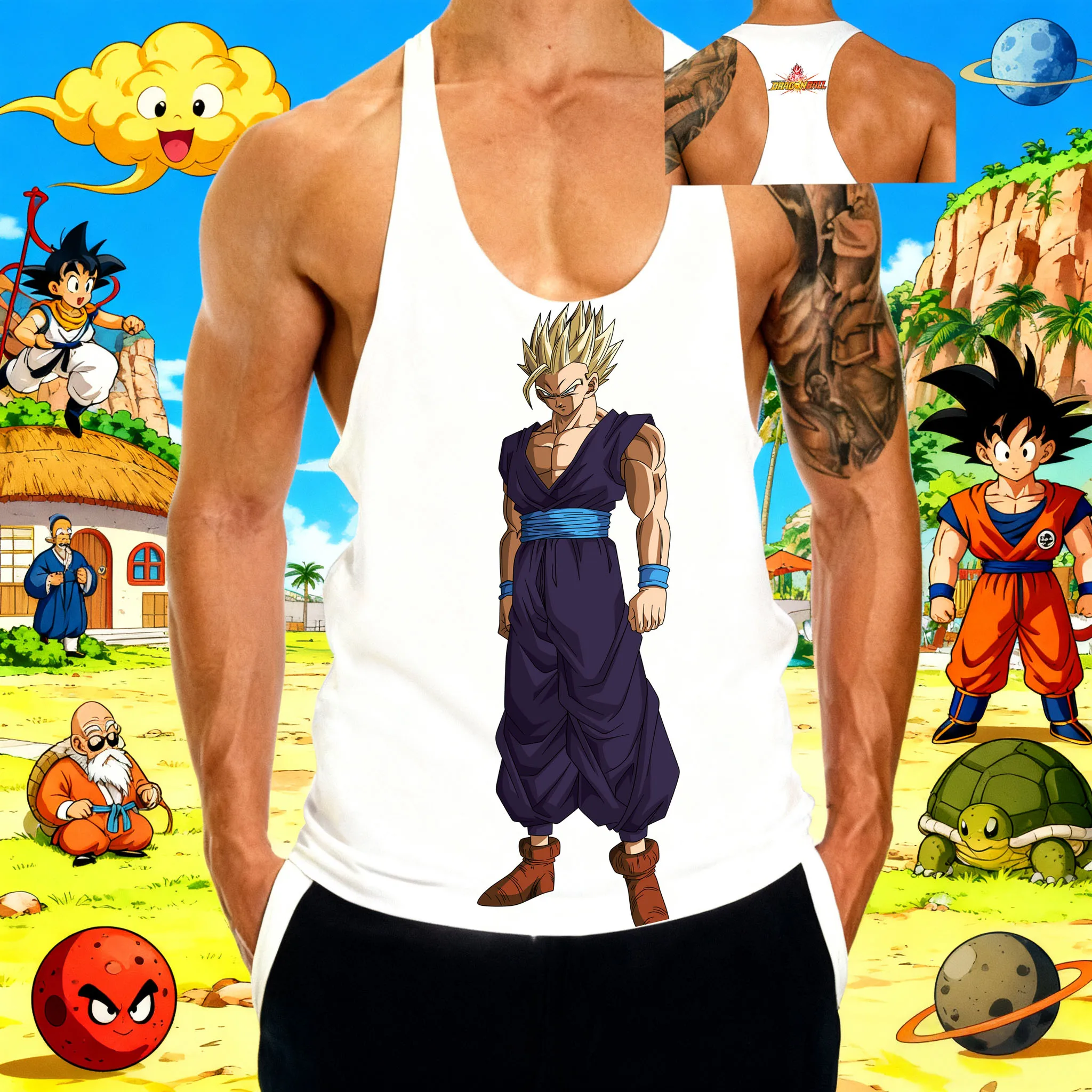 

Popular Anime "Dragon Ball" Sun Wufan Pattern Print 2025 Summer Hot Selling Men's Sports Gym Breathable Cotton Sleeveless Vest