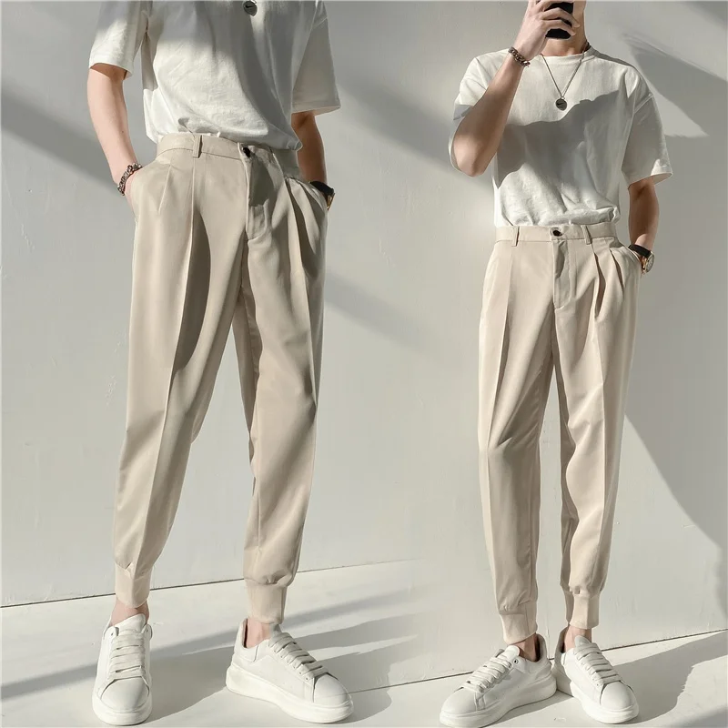 

Faionable Casual Pants Men's Korean Sle Micro Wide Loose Fit Versatile Banded Footing Nine Point Western Pants Trendy