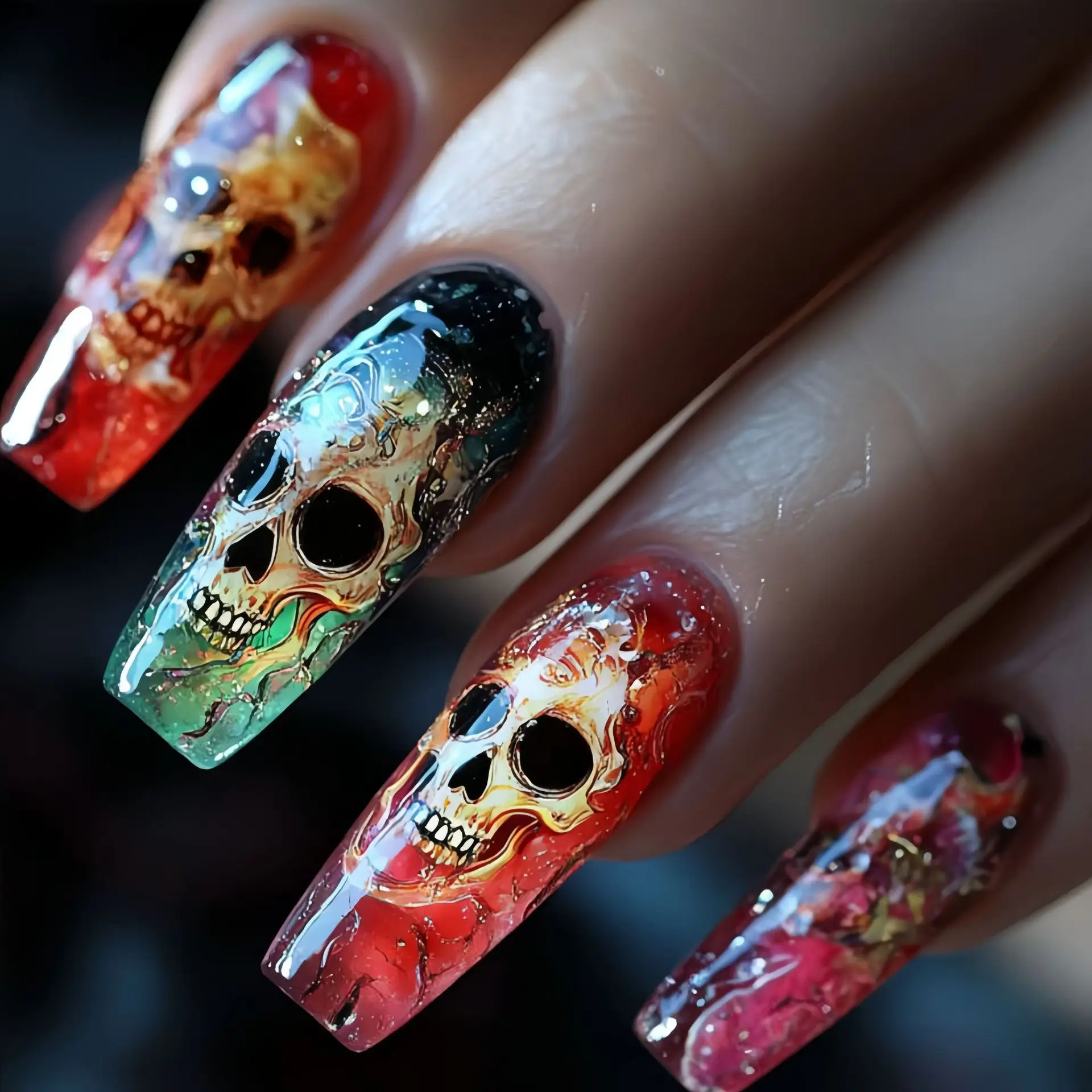Dark Red Long Ballet Press On Nails With Skull Flower Art Set_voghion.com