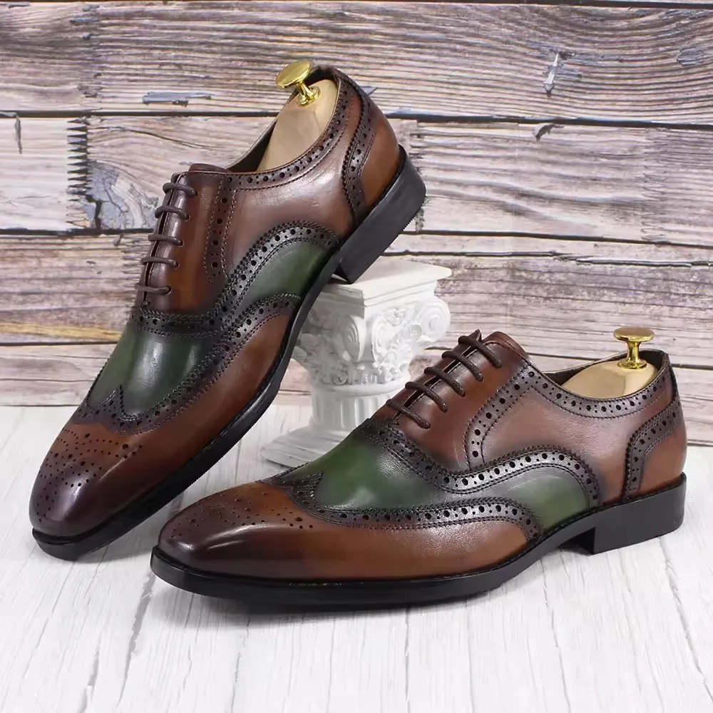 Men Leather Shoes Business Formal Oxford Shoes Top Layer Cowhide Brogue Carved  Square Head Fashion Men Shoes