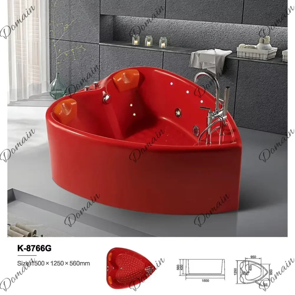 HJB X 2 Person Heart Shaped Jacuzzi Red Acrylic Spa Bathtub, Freestanding Whirlpool Massage Tub With Hydrotherapy Jets For Coupl