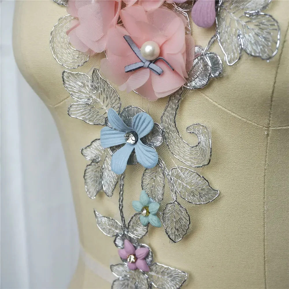 Grey Pink 3D Flowers Beads Rhinestone Lace Fabric Embroidered Wedding Gown Appliques Sew Patch For Dress DIY Decoration