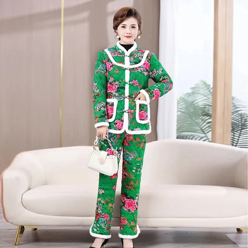 Big-Flowered Women's Sets Winter Velvet Padded Chinese Floral Cotton-Padded Jacket + Cotton Trousers Suit Mother Warm Coat