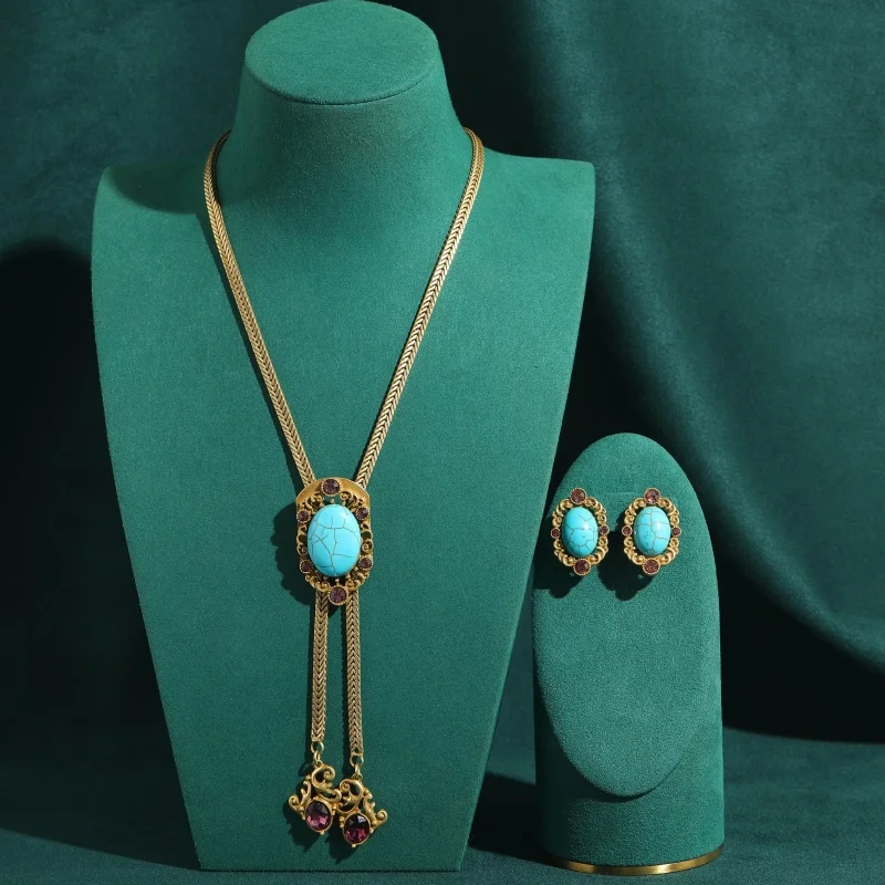 Vintage Turquoise Amethyst Pendant Jewelry Sets Necklace Earring Luxury Brand Design Drawstring Sweater Chain Birthday Gift