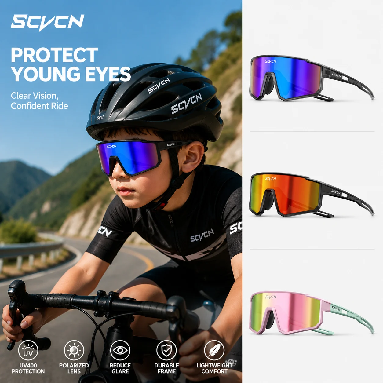 Image of SCVCN Kinder Mode-Sonnenbrille Photochrom UV400 Baseball-Brille Fahrradbrille für Jungen Mädchen Camping Wandern Eyewear 2026