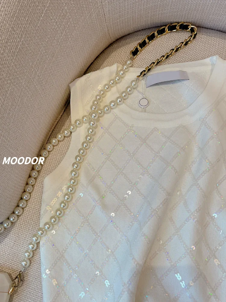 Argyle Sequins Knit Vest Women Pullover 2024 Summer New O-neck Fashion Chic Sleeveless Sweater Vests Knitwear Crop Tops Jumper